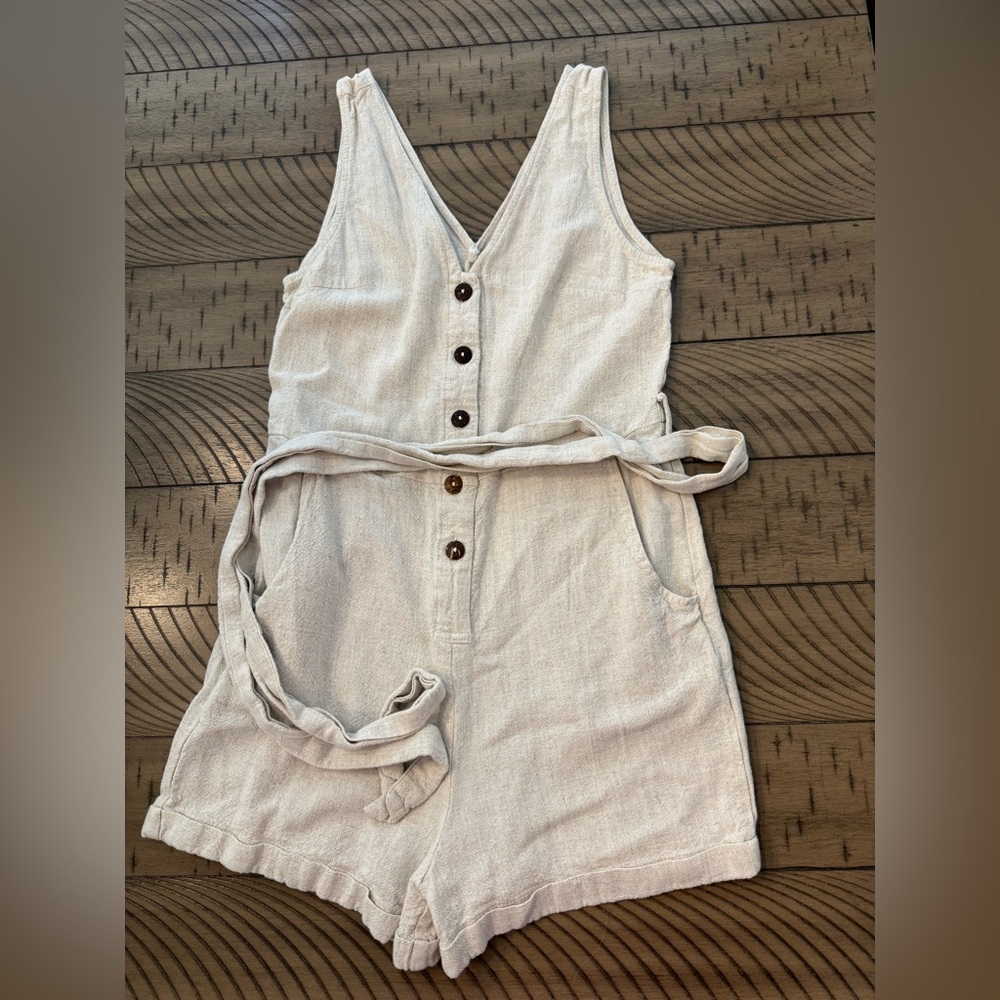 Cream Button-Front One-Piece Romper with Waist Tie